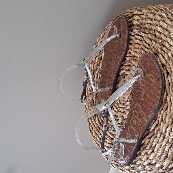 Sam Edelman Womens Gigi Silver‎ Embossed Print Leather Toe Thong Sandals Size 9 - Picture 1 of 7